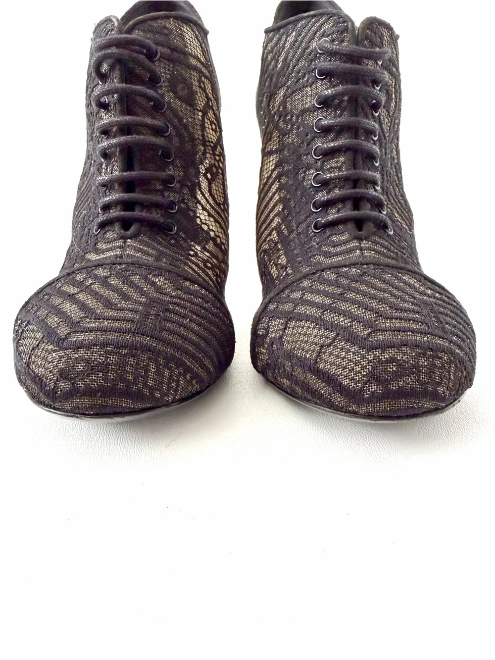 CHANEL | CC Logo Black Lace Up Booties Pearl Stiletto EU 39